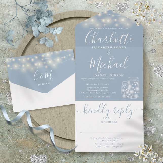 Dusty Blue String Lights Mason Jars Wedding All In One Invitation (Dusty Blue String Lights Mason Jars Wedding All In One Invitation)