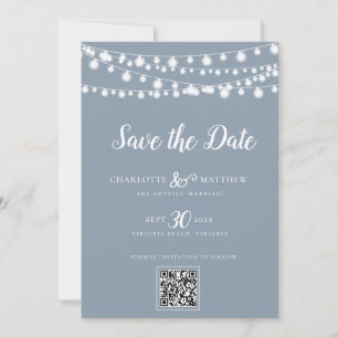Dusty Blue String Lights Modern Script Save the Date