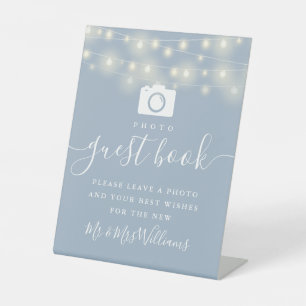 Dusty Blue String Lights Photo Guest Book Pedestal Sign