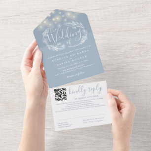 Dusty Blue String Lights QR Code Wedding All In One Invitation
