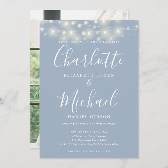 Dusty Blue String Lights Script Photo Wedding  Invitation (Front/Back)