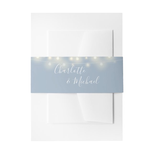 Dusty Blue String Lights Signature Script Invitation Belly Band (Front Example)