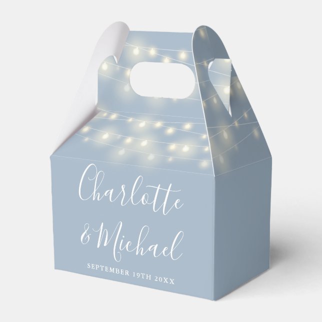 Dusty Blue String Lights Signature Script Wedding Favour Box (Front Side)