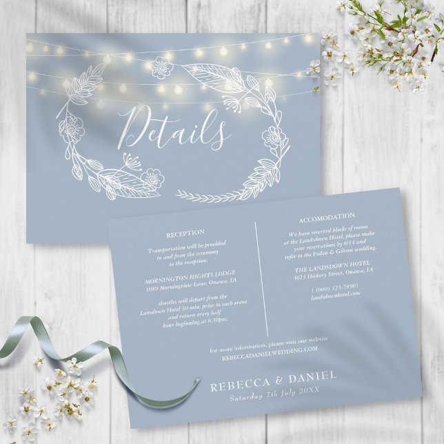 Dusty Blue String Lights Wedding Details Card (Dusty Blue String Lights Wedding Details Card)