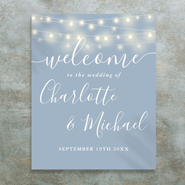 Dusty Blue String Lights Wedding Welcome Sign (Dusty Blue String Lights Wedding Welcome Sign)