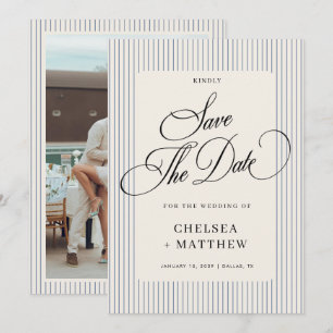 Dusty Blue Stripe Classic Script & Photo Wedding Save The Date