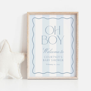 Dusty Blue Stripe Oh Boy Baby Shower Welcome Sign