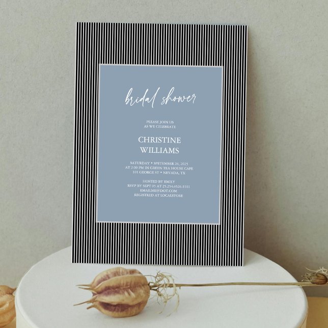 Dusty Blue Striped Frame Bridal Shower Invitation (Gorgeous Dusty Blue: Modern Stripes Bridal Shower Invitation Personalized)