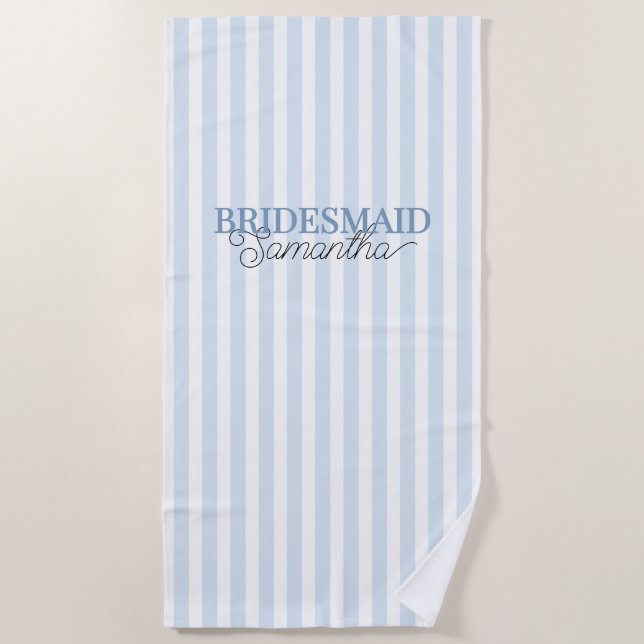 Dusty Blue Striped Personalised Name Bridesmaid Beach Towel (Front)