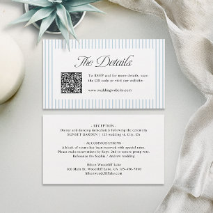 Dusty Blue Striped QR Code Classy Wedding Details Place Card