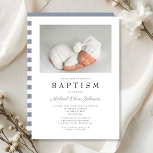 Dusty Blue Stripes Elegant Photo Boy Baptism Invitation