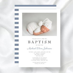 Dusty Blue Stripes Elegant Photo Boy Baptism Invitation