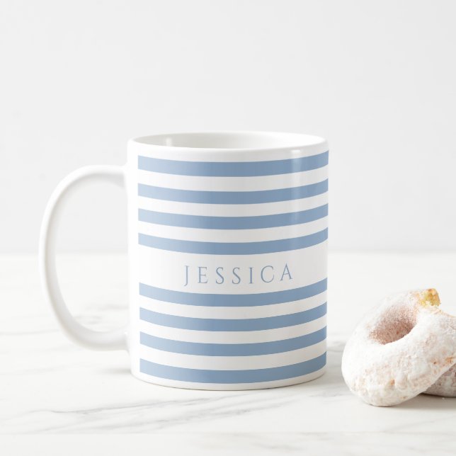 Dusty Blue Stripes Pattern Name Coffee Mug (With Donut)