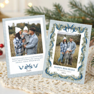 Dusty Blue Stripped Blue Bow Christmas 2 Photo Holiday Card