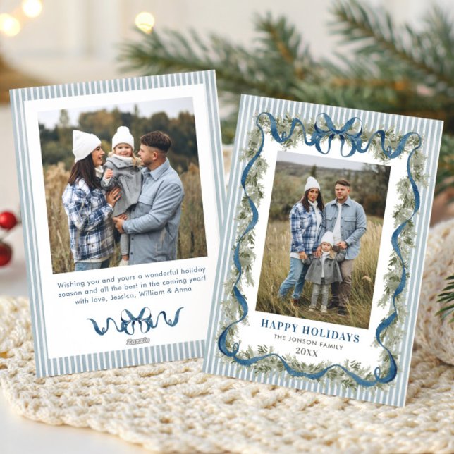 Dusty Blue Stripped Blue Bow Christmas 2 Photo Holiday Card (Creator Uploaded)