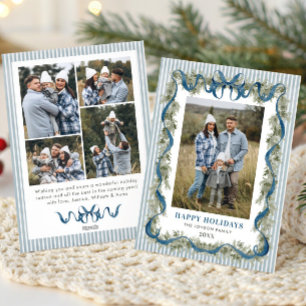 Dusty Blue Stripped Blue Bow Christmas 5 Photo Holiday Card