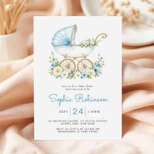 Dusty Blue Stroller Floral Baby Shower Invitation