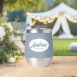 Dusty Blue Stylised Name Wedding Groomsman<br><div class="desc">Gift your wedding groomsman with this trendy and personalised,  stainless steel wine tumbler with his name in stylised script inside a white,  oval design. Background colour and script is dusty blue. Personalise your wine tumbler by editing and replacing name with desired name. Available in many,  popular wedding colour schemes.</div>