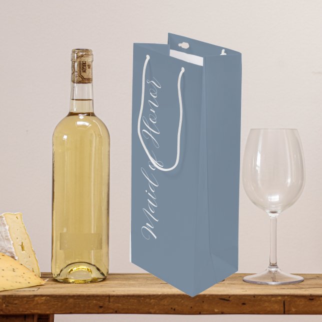 Dusty Blue Stylised Script Maid of Honour Wine Gift Bag (In Situ)
