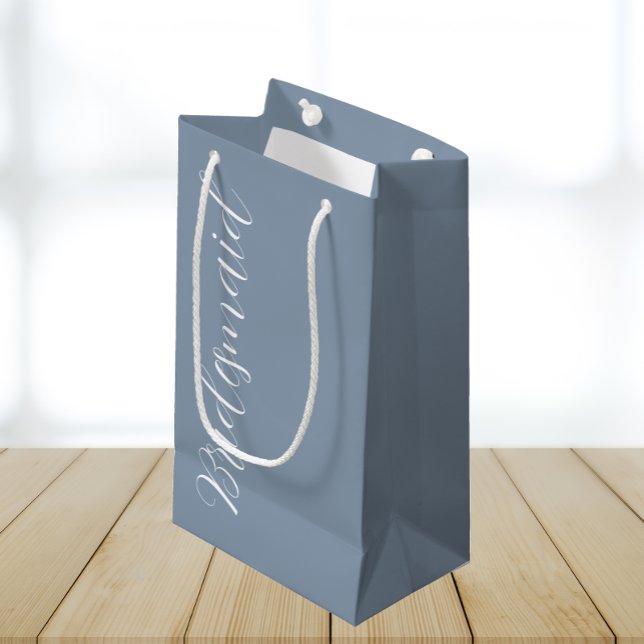 Dusty Blue Stylised Script Wedding Bridesmaid Small Gift Bag (In Situ)