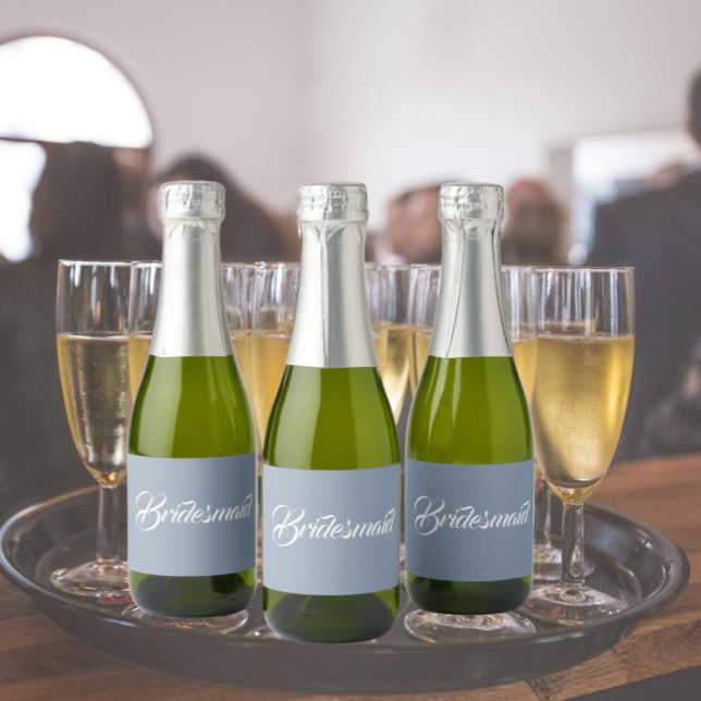 Dusty Blue Stylised Script Wedding Bridesmaid Sparkling Wine Label (In Situ Wedding)