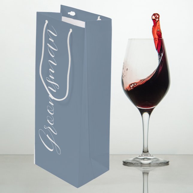 Dusty Blue Stylised Script Wedding Groomsman Wine Gift Bag (In Situ)