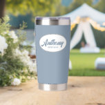 Dusty Blue Stylised Wedding Best Man<br><div class="desc">Gift your wedding Best Man with this personalised,  stainless steel,  thermal tumbler with his name in stylised script in a white oval design. Background script is a trendy,  dusty blue colour. Personalise your thermal tumbler by editing and replacing Best Man's name with desired name.</div>