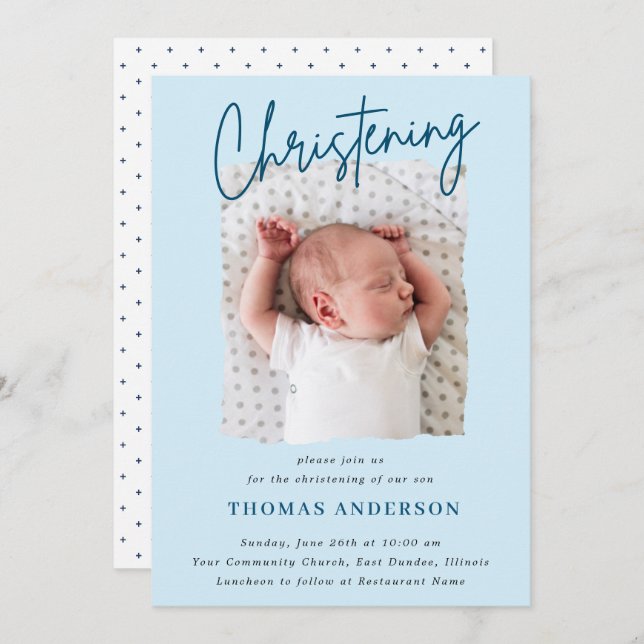 Dusty Blue Subtle Cross  Handwritten Christening  Invitation (Front/Back)