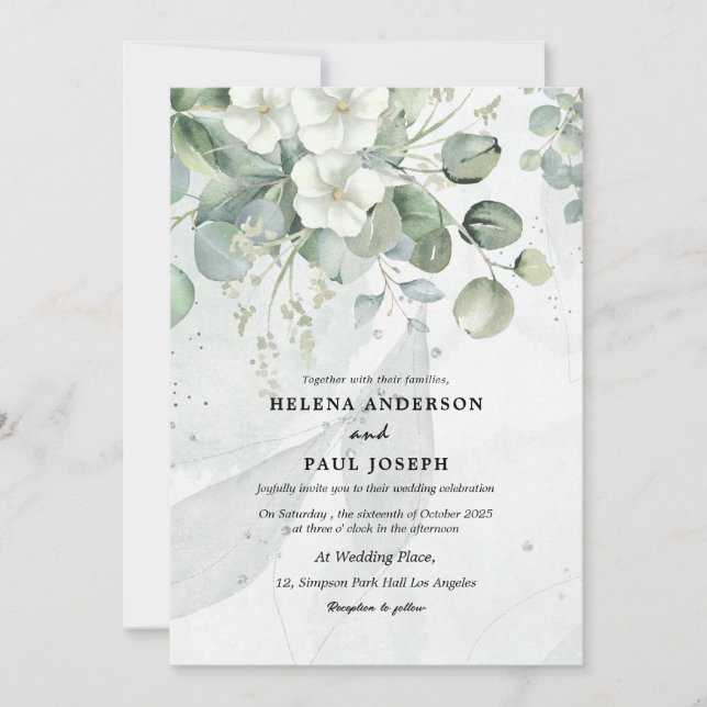 Dusty Blue succulent eucalyptus greenery wedding Invitation (Front)