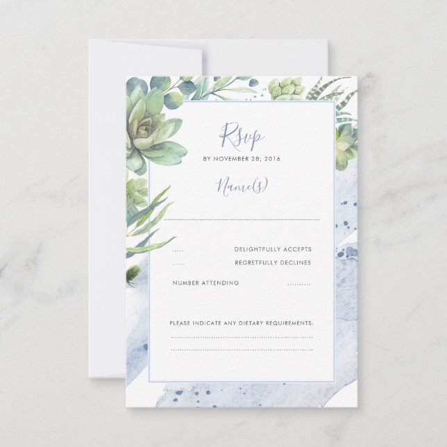 Dusty Blue Succulents Greenery Wedding RSVP (Front)
