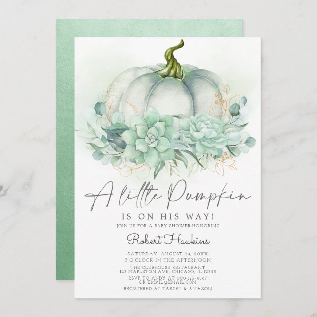 Dusty Blue Succulents Pumpkin Fall Baby Shower Invitation (Front/Back)