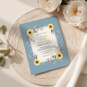 Dusty Blue Sunflower Bridal Shower Gold Frame Invitation