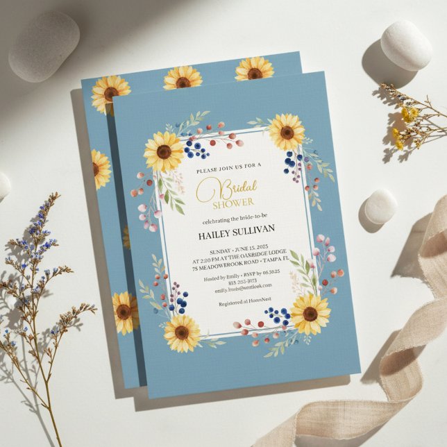 Dusty Blue Sunflower Bridal Shower Gold Frame Invitation (elegant bridal shower invitation)