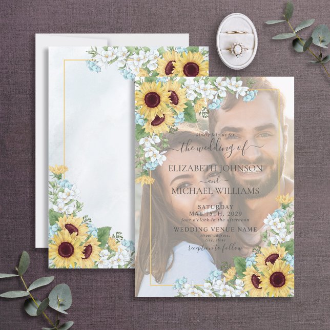 Dusty Blue Sunflower Vellum Overlay Photo Wedding Invitation (Creator Uploaded)