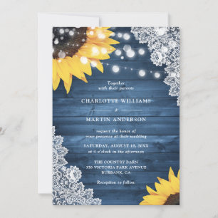 Dusty Blue Sunflower Wood Floral Lace Wedding Invitation
