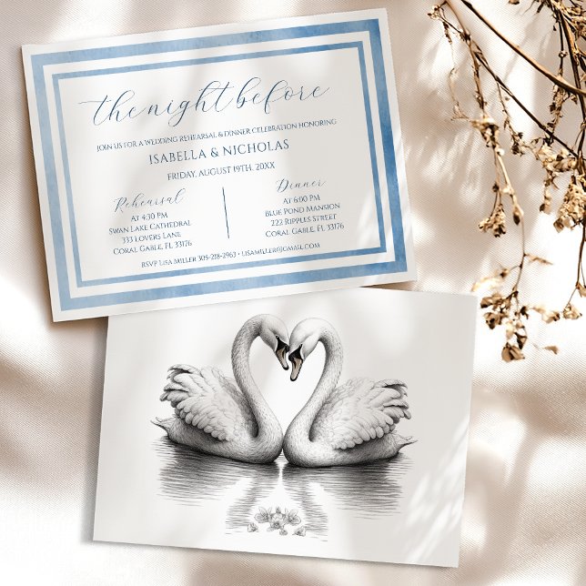 Dusty Blue Swan Rehearsal Dinner Invite (The Night Before)