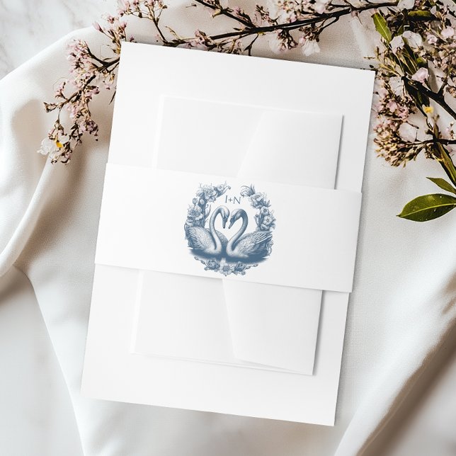 Dusty Blue Swan Wedding Belly Band Monogram Crest Invitation Belly Band (Blue Band)