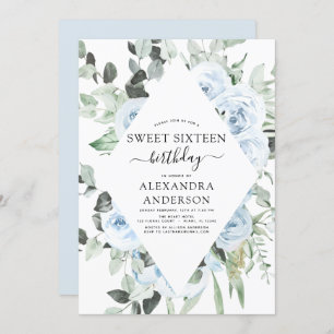 Dusty Blue Sweet Sixteen Birthday Party Invitation