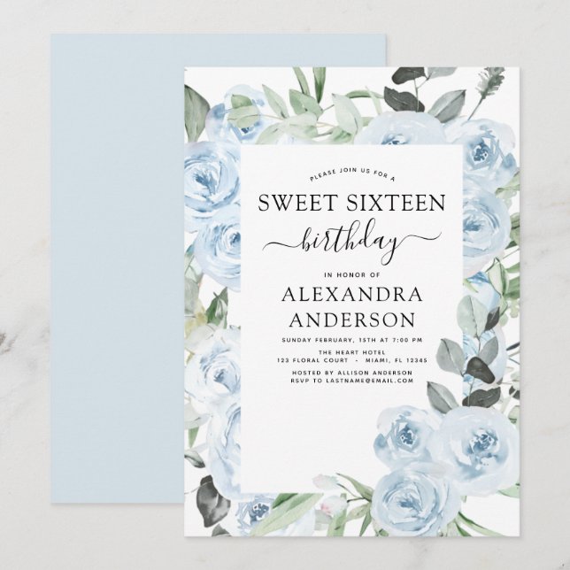 Dusty Blue Sweet Sixteen Birthday Party Invitation (Front/Back)