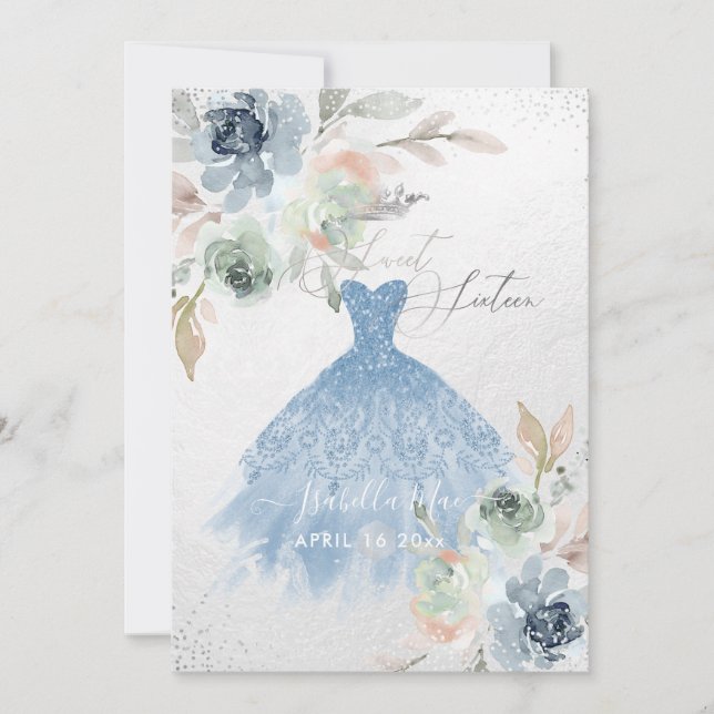 Dusty Blue Sweet Sixteen Dress Watercolor Flowers Invitation (Front)