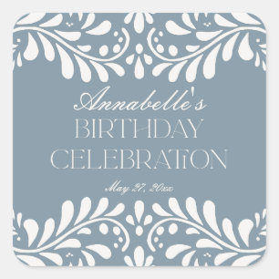 Dusty Blue Talavera Spanish Fiesta Birthday Favour Square Sticker