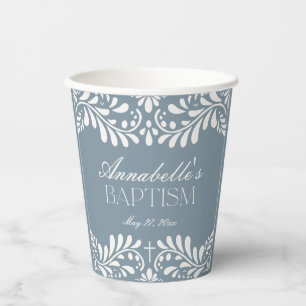 Dusty Blue Talavera Spanish Fiesta Boy Baptism Paper Cups