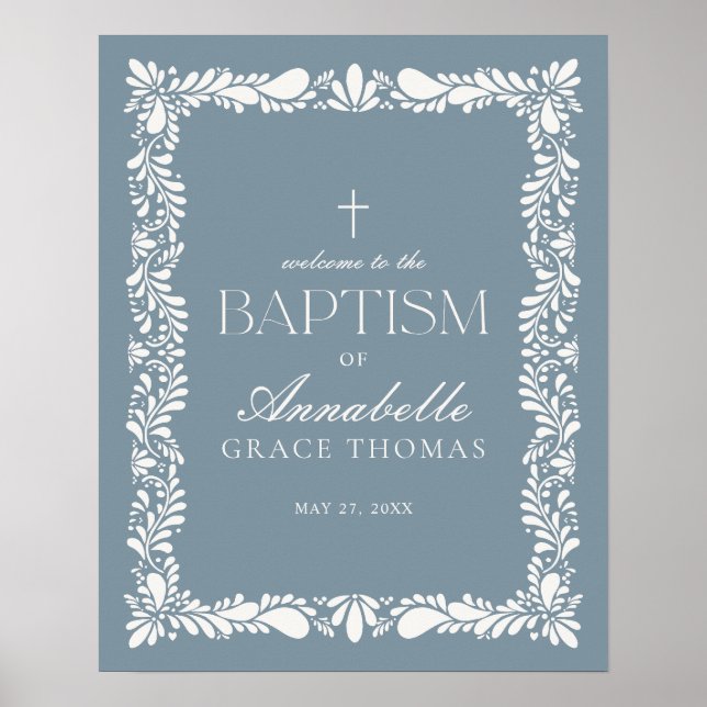 Dusty Blue Talavera Tile Fiesta Baptism Welcome Poster (Front)