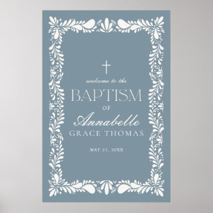 Dusty Blue Talavera Tile Fiesta Baptism Welcome Poster