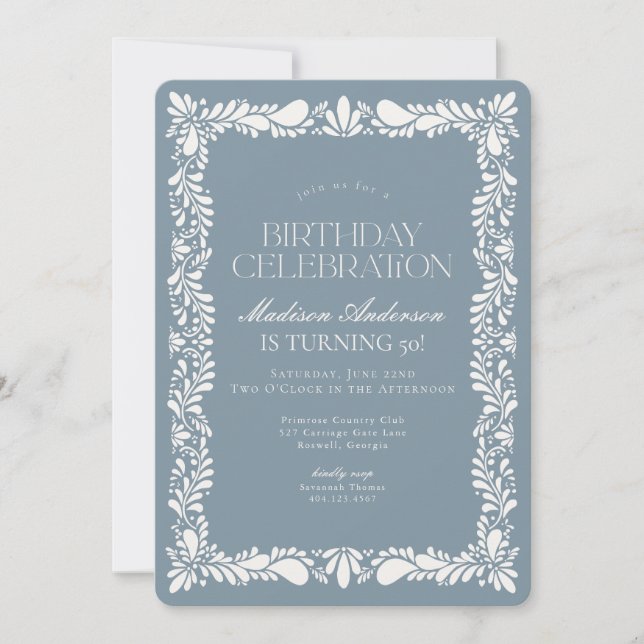 Dusty Blue Talavera Tile Fiesta Birthday Party Invitation (Front)