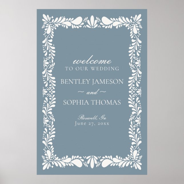 Dusty Blue Talavera Tile Fiesta Wedding Welcome Poster (Front)