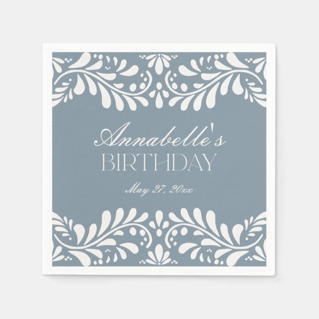 Dusty Blue Talavera Tile Spanish Fiesta Birthday Napkin (Front)