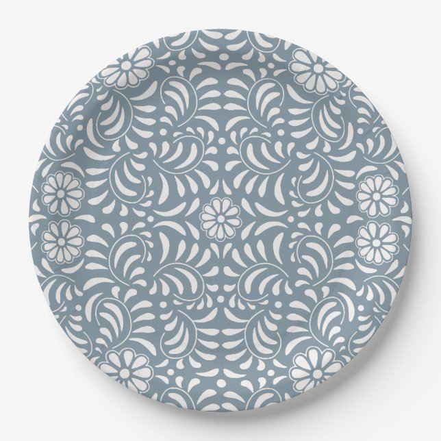Dusty Blue Talavera Tile Spanish Style Fiesta Paper Plate (Front)