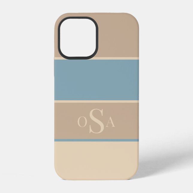 Dusty Blue Tan Monogram Abstract Modern Simple iPhone Case (Back)