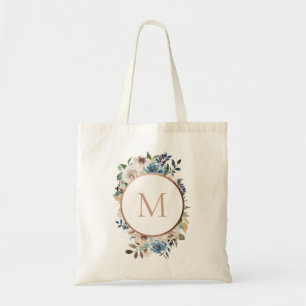 Dusty Blue Taupe Floral Round Monogram Tote Bag